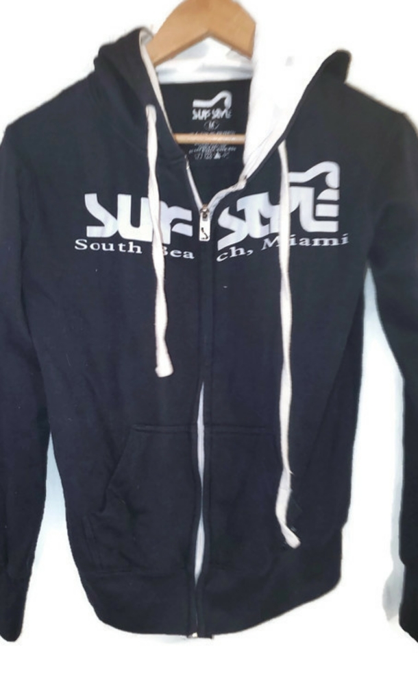Surf Style Unisex Zip Up Hoodie Sweatshirt Navy Blue & White Size Medium - Picture 3 of 6